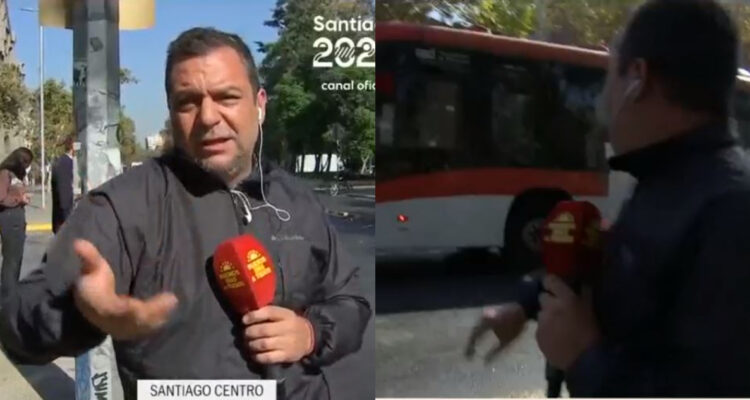 El periodista de Buenos Días a Todos Leo Castillo momentos después de haber sido golpeado en pleno despacho. El comunicador estaba relatando lo que pasaba en la alameda cuando se escucha cómo lo golpean.