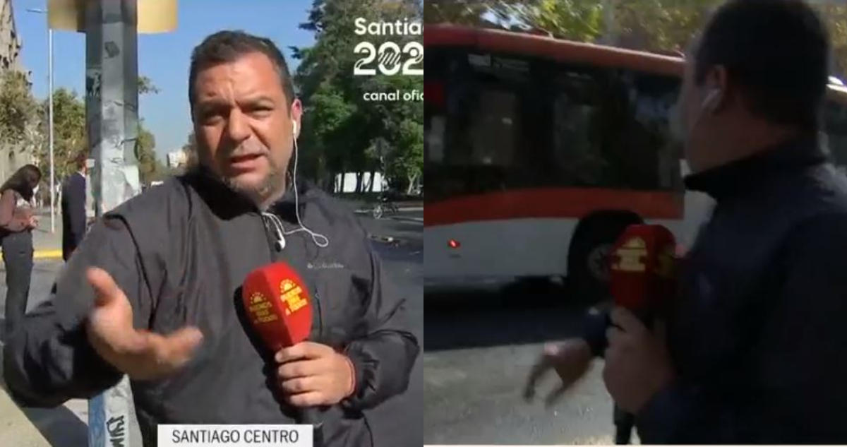 El periodista de Buenos Días a Todos Leo Castillo momentos después de haber sido golpeado en pleno despacho. El comunicador estaba relatando lo que pasaba en la alameda cuando se escucha cómo lo golpean.