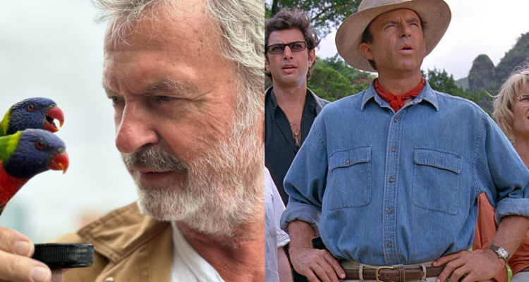 Sam Neill (izquierda) y en su papel de Alan Grant en Jurassic Park (derecha)