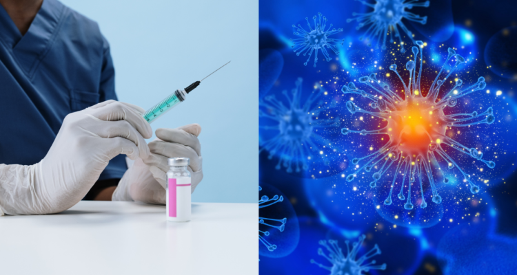 Persona preparando una inyección (izquierda) y la ilustración de una célula (derecha) en referencia a vacuna experimental contra el cáncer que repograma las células