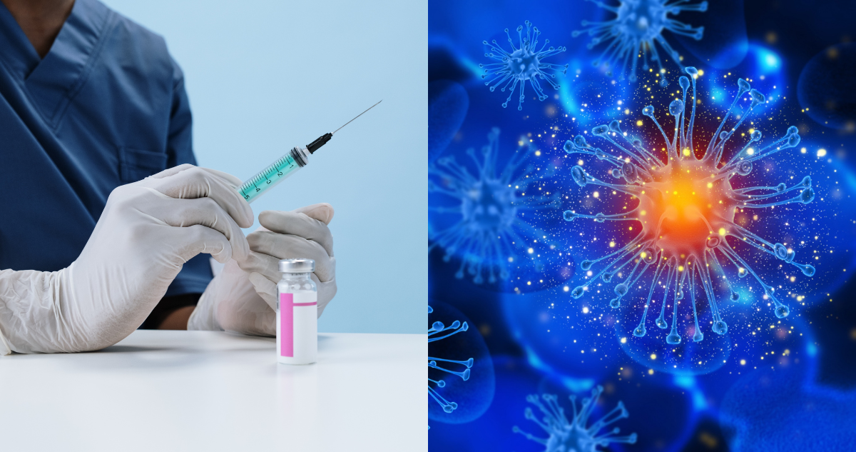 Persona preparando una inyección (izquierda) y la ilustración de una célula (derecha) en referencia a vacuna experimental contra el cáncer que repograma las células