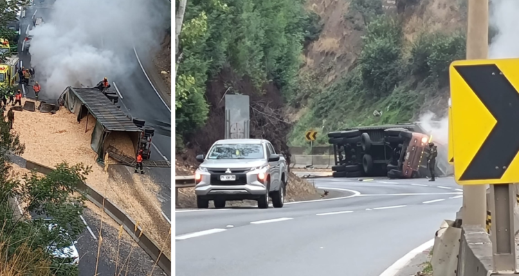 Camión vuelca en sector de viaducto Malleco en Ruta 5 Sur: cabina se comenzó a incendiar