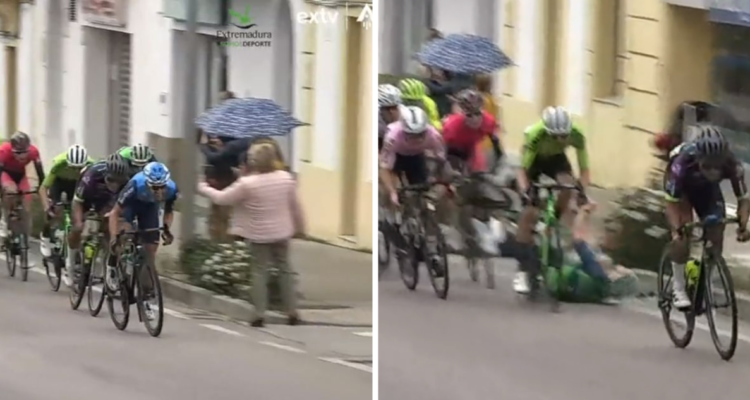 La Vuelta a Extremadura contó con una peligrosa caída provocada por una mujer.