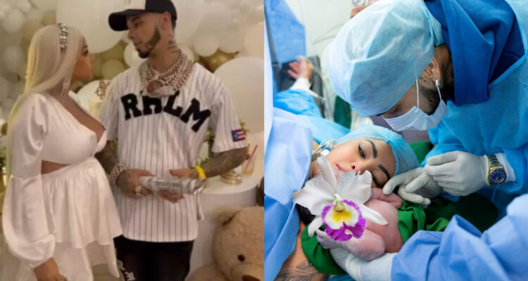 Anuel AA y Yailin en el babyshower de la influencer. A su lado, fotos del nacimiento del bebé.