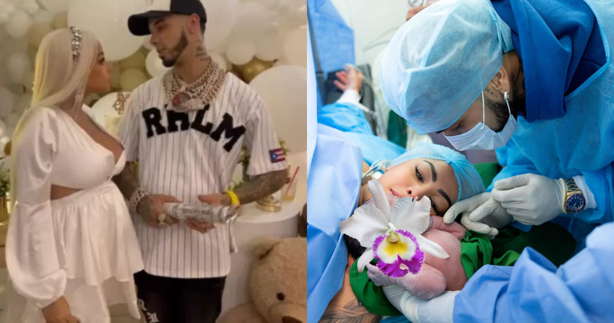Anuel AA y Yailin en el babyshower de la influencer. A su lado, fotos del nacimiento del bebé.