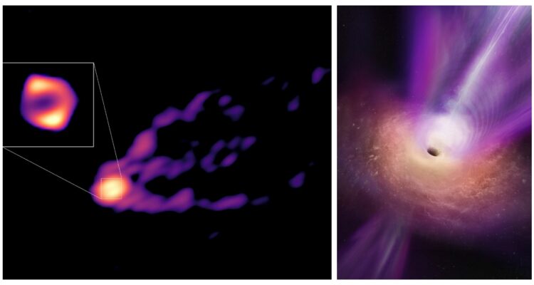 La fotografía tomada, y una interpretación artística del agujero negro y su chorro de materia.