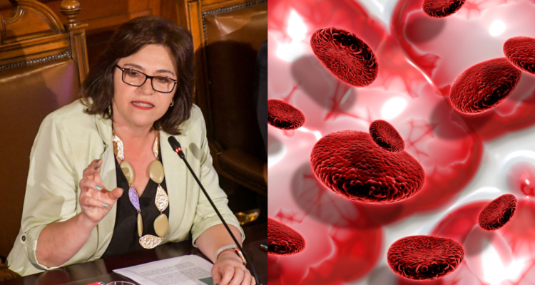 Ana Lya Uriarte (izquierda) e ilustración de plaquetas (derecha) en referencia al cuadro de anemia que la hizo renunciar