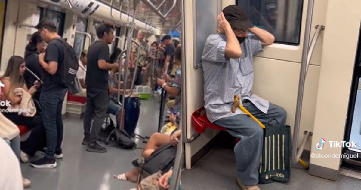 Anciano se tapa los oídos ante presencia de músicos en Metro de Santiago