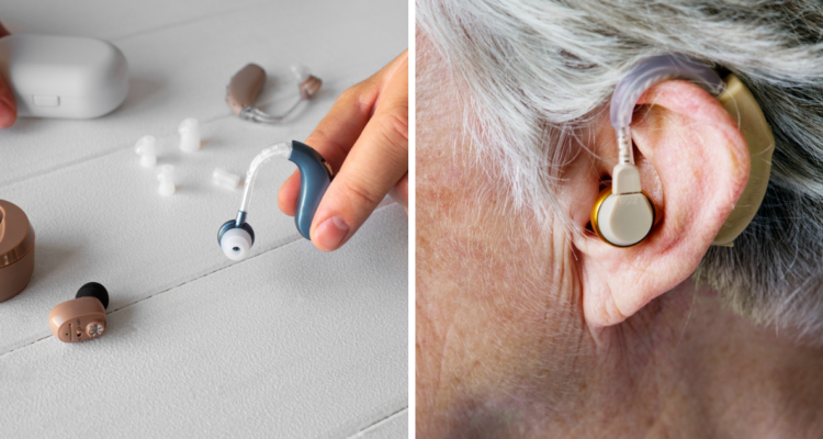 Médico sosteniendo audífonos (izquierda) y una persona con audición limitada usando un audífono (derecha) en referencia a que disminuye la demencia