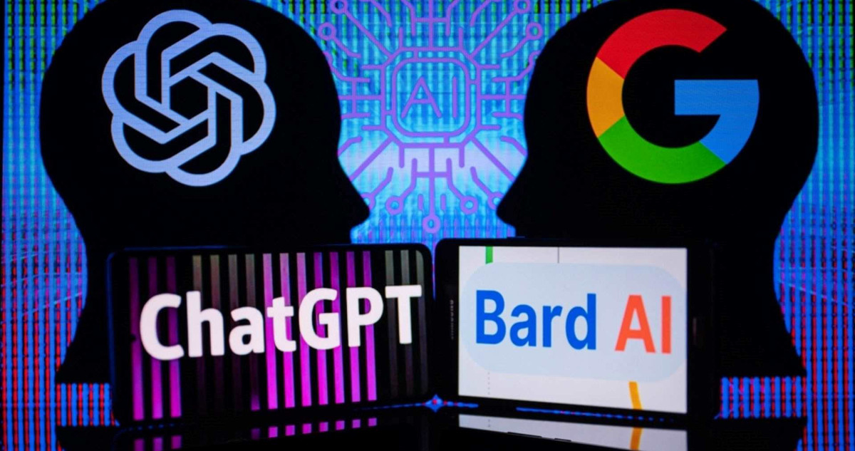 Ilustración de Bard de Google y ChatGPT de OpenAI.