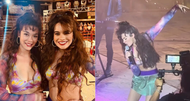 La actriz Catalina Castelblanco en el set de grabación de la biopic de Gloria Trevi junto a la protagonista de la ficción.