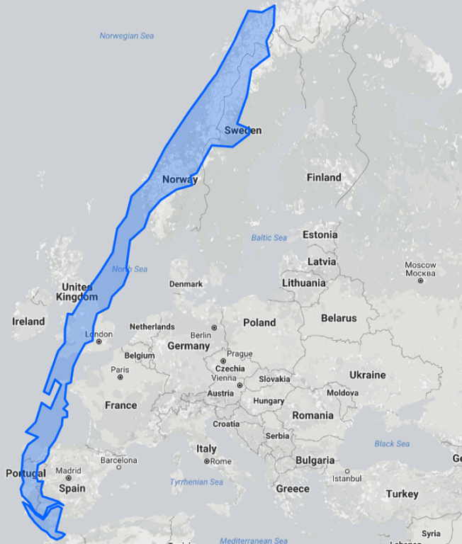 Comparación del largo de Chile con la extensión de Europa.