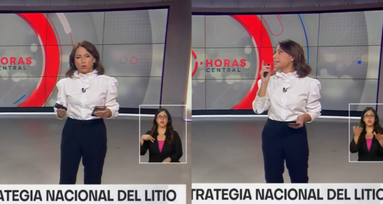 Constanza Santa María durante el noticiero centra donde confundió la palabra litio con la palabra litro durante el anuncio de la empresa nacional