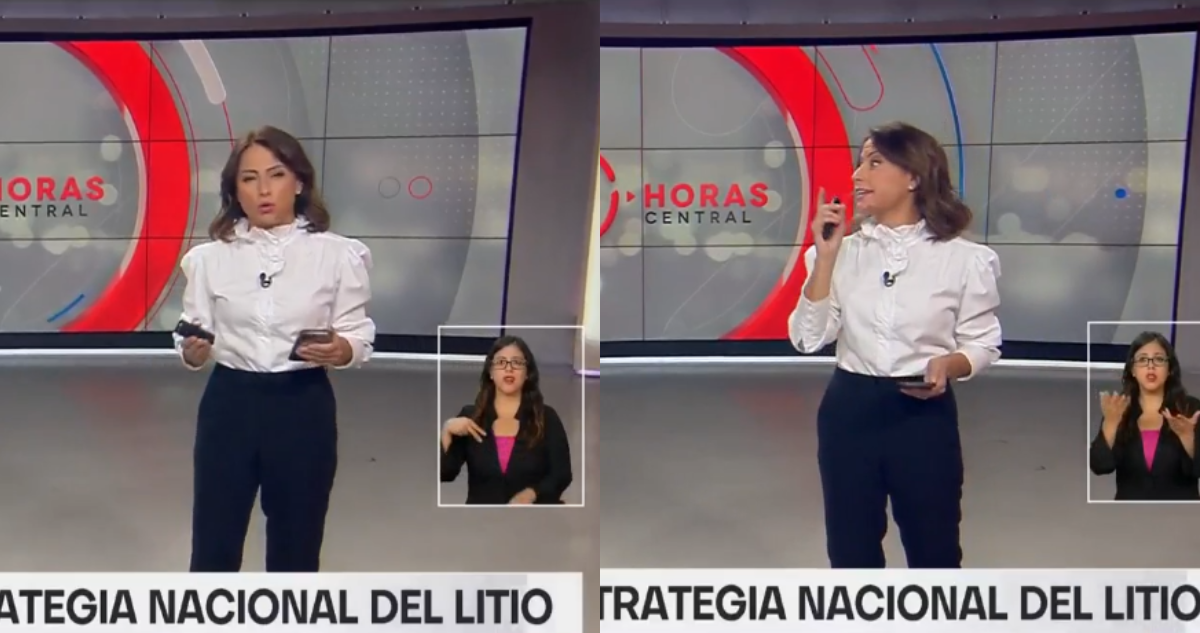 Constanza Santa María durante el noticiero centra donde confundió la palabra litio con la palabra litro durante el anuncio de la empresa nacional