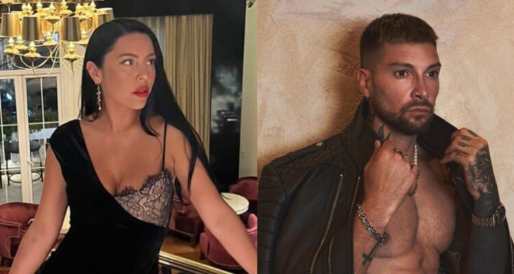 Luis Mateucci posa sosteniendo una chaqueta de cuero. A su lado, Daniela Aranguiz posa apoyada en la orilla de una escalera.