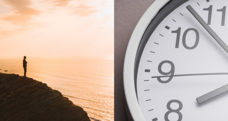 Persona mirando el atardecer (izquierda) en referencia a la depresión estacional y la imagen de un reloj (derecha) en referencia al cambio de hora