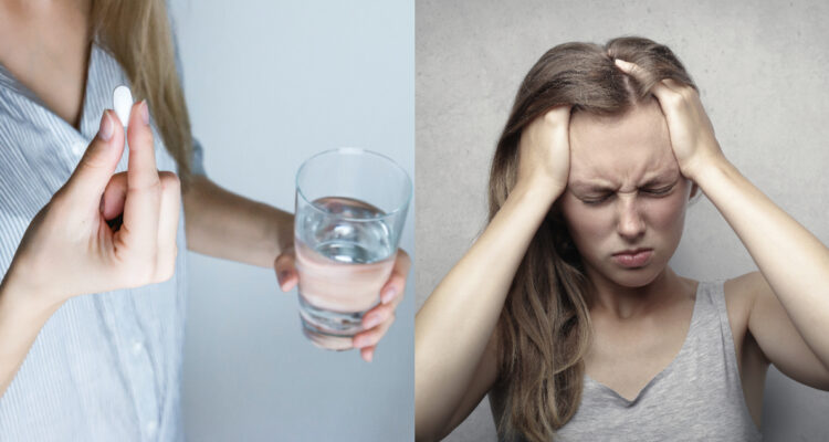 Un mujer sostiene medicamentos junto a un vaso de agua. a su lado, una mujer sufriendo migraña.