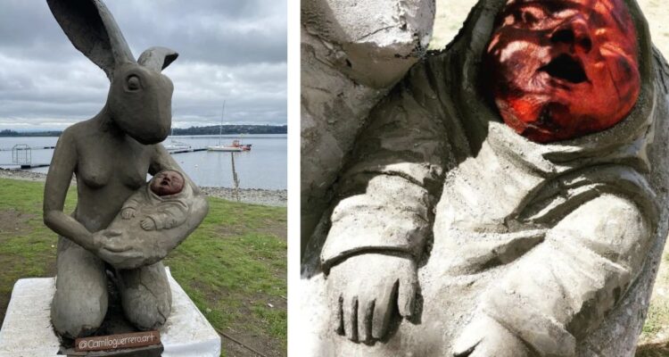 Polémica escultura de conejo coin guagua en brazos en Puerto Varas