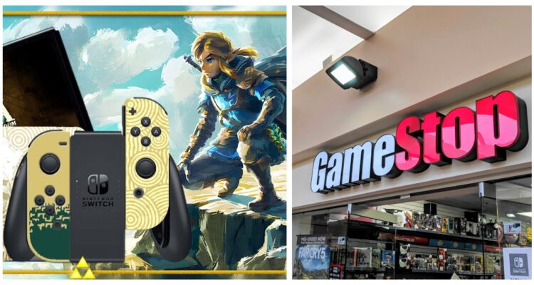 Una imagen de la edición especial de Ninteno Switch basada en The Legend of Zelda: Tears of the Kingdom, y una fotografía de una tienda GameStop.