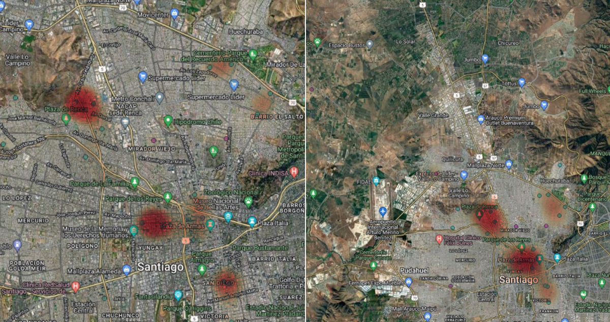 Mapa de homicidios asociados a tráfico de drogas o bandas en Renca y Santiago (Barrio Yungay y Sector Matta)