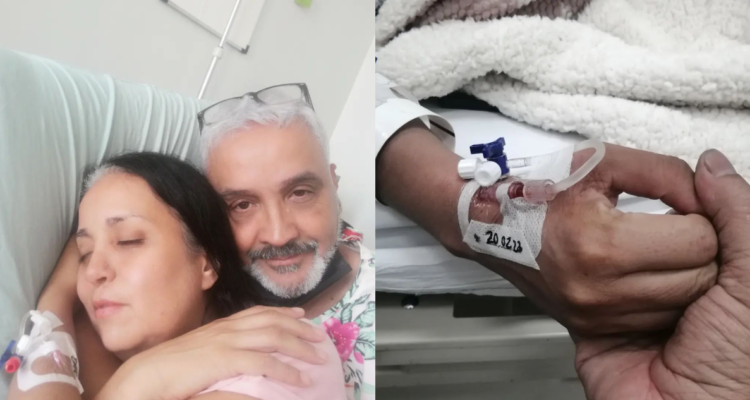 Memo Bunke junto a su esposa (izquierda) y una fotografía de la mujer hospitalizada (derecha)