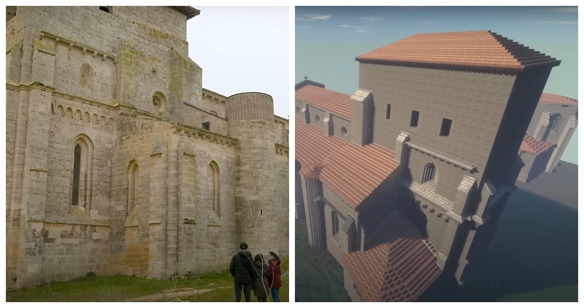 Una fotografía de la iglesia que fue replicada en España, y su retrato en Minecraft.