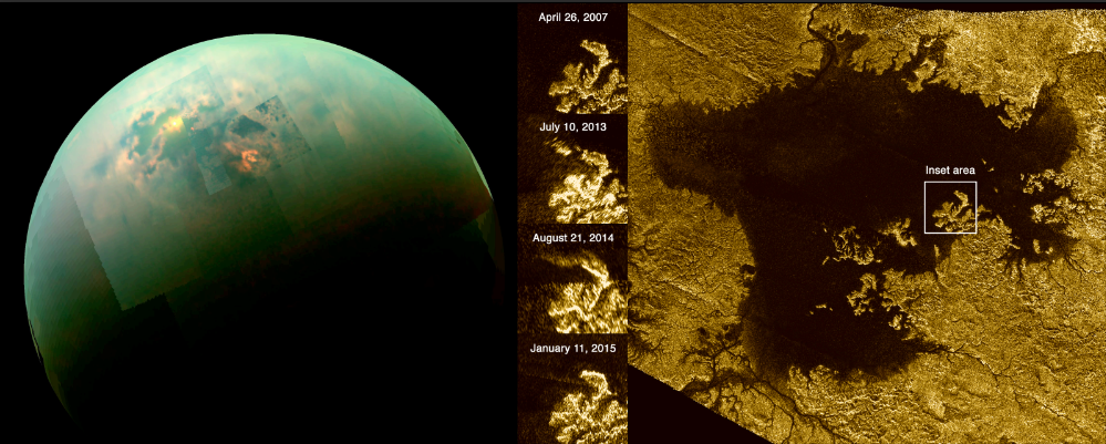 Izquierda: Vista de Titán en infrarrojos mostrando el Sol reflejándose en sus lagos. Derecha: Imagen de radar del Mar de Ligeia en Titán. Desconocemos qué es la estructura cambiante que apareció en este lago extraterrestre.