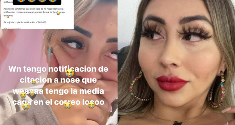 La influencer Naya Fácil posa para la cámara mirando hacia un costado. A su lado, una captura de su historia donde comenta que fue citasda a declarar para Servicio de Impuestos Internos (SII).