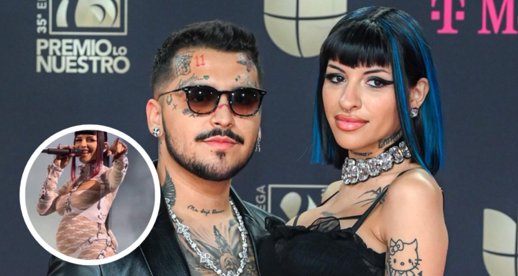 Christian Nodal junto a Cazzu en una premiación (fondo) y la cantante mostrando su abultado vientre en un concierto (miniatura)