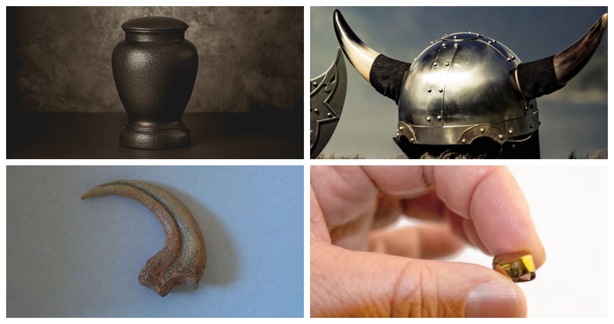 Una urna, un casco vikingo, una réplica de la garra de un dinosaurio, y un diente de oro, todos objetos olvidados en un Uber durante 2022.
