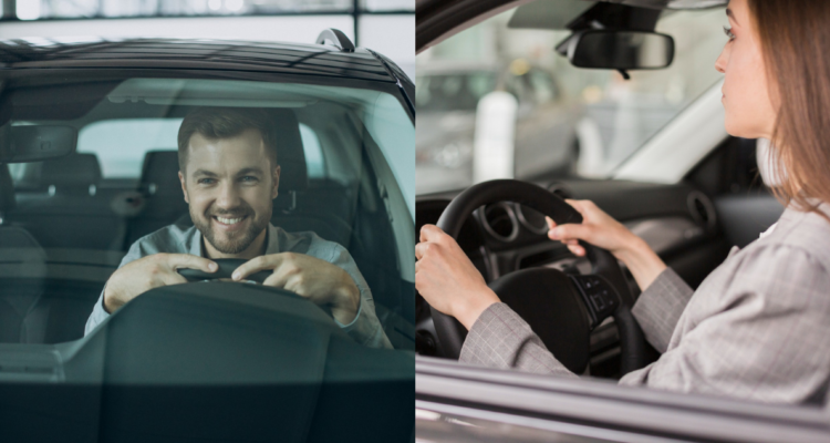 Hombre feliz en su auto nuevo (izquierda) y mujer conduciendo (derecha) en referencia a estudio que afirma que el olor de los autos nuevos puede ser perjudicial para la salud