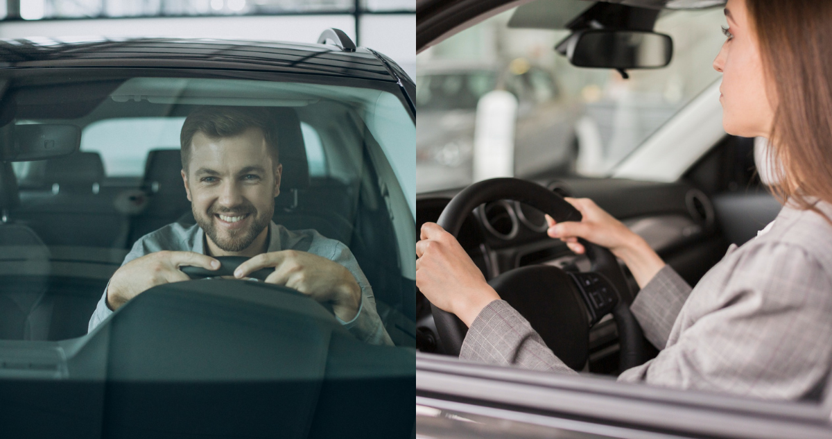 Hombre feliz en su auto nuevo (izquierda) y mujer conduciendo (derecha) en referencia a estudio que afirma que el olor de los autos nuevos puede ser perjudicial para la salud