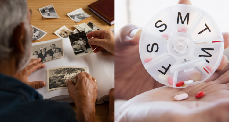 Adultos mayores viendo un álbum de fotos (izquierda) y un organizador de medicamentos (derecha) en referencia a que los opioides o fármacos para el dolor aumentan el deterioro cognitivo