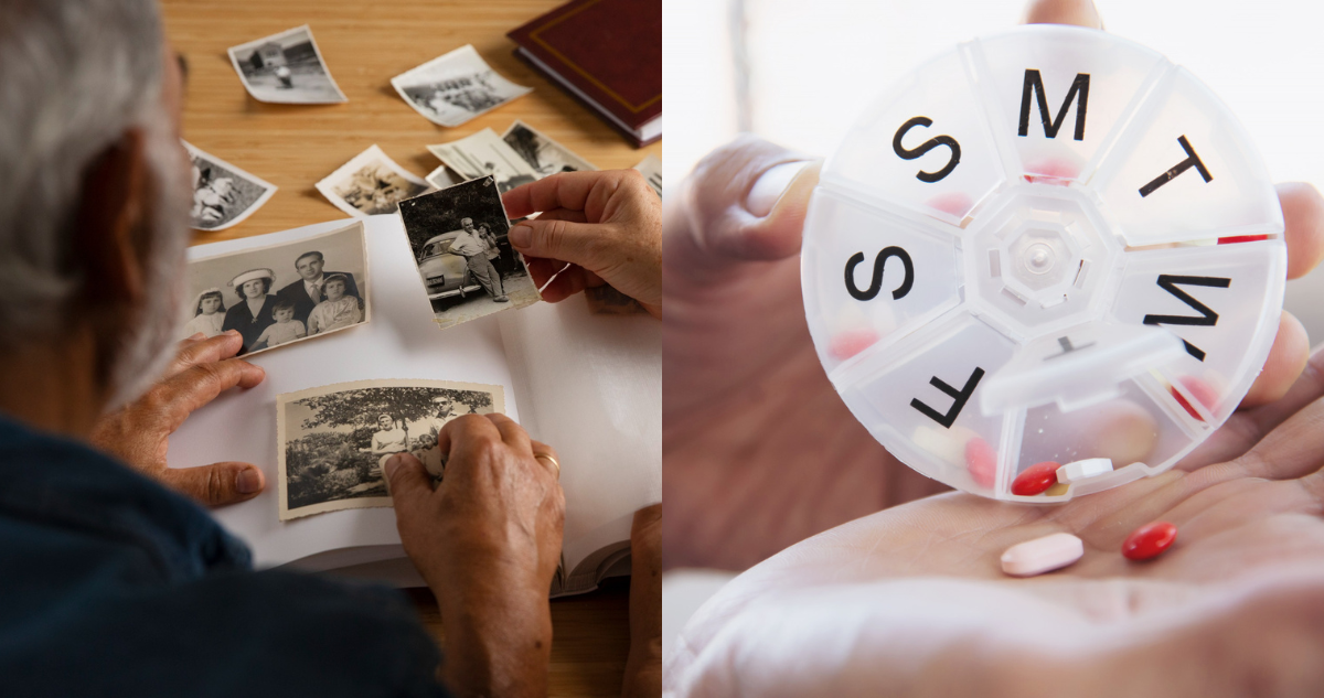 Adultos mayores viendo un álbum de fotos (izquierda) y un organizador de medicamentos (derecha) en referencia a que los opioides o fármacos para el dolor aumentan el deterioro cognitivo