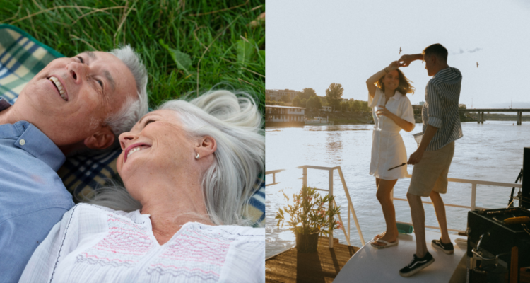 Pareja de adultos mayores (izquierda) y pareja joven bailando (derecha) en referencia a las parejas sanas