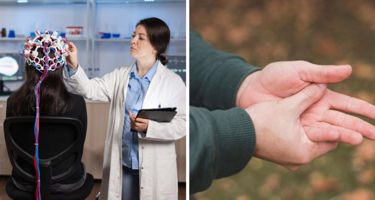 Médico usando casco neuroestimulador en paciente (izquierda) y adulto mayor tocandose la mano (derecha) en referencia a la terapia de estimulación cerebral profunda para el Parkinson
