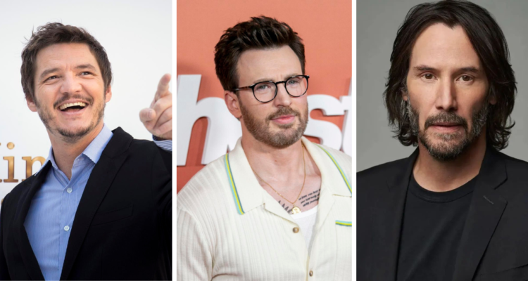 Pedro Pascal (izquierda) , Chris Evans (centro) y Keanu Reeves (derecha) en referencia a la pogonofilia, la atracción por los hombres con barba