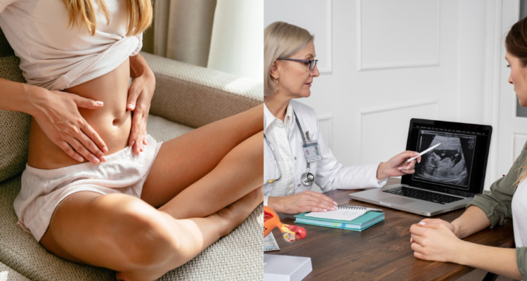 Mujer tocandose el abdomen (izquierda) y mujer en revisión médica de su útero (derecha) en referencia al prolapso uterino