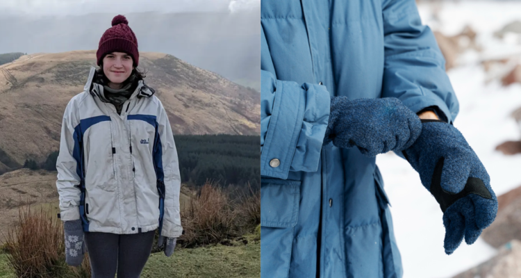 Lauren Crosby (izquierda) mujer británica con síndrome de Raynaud y una persona usando guantes (derecha) en refencia al síntoma que la alertó