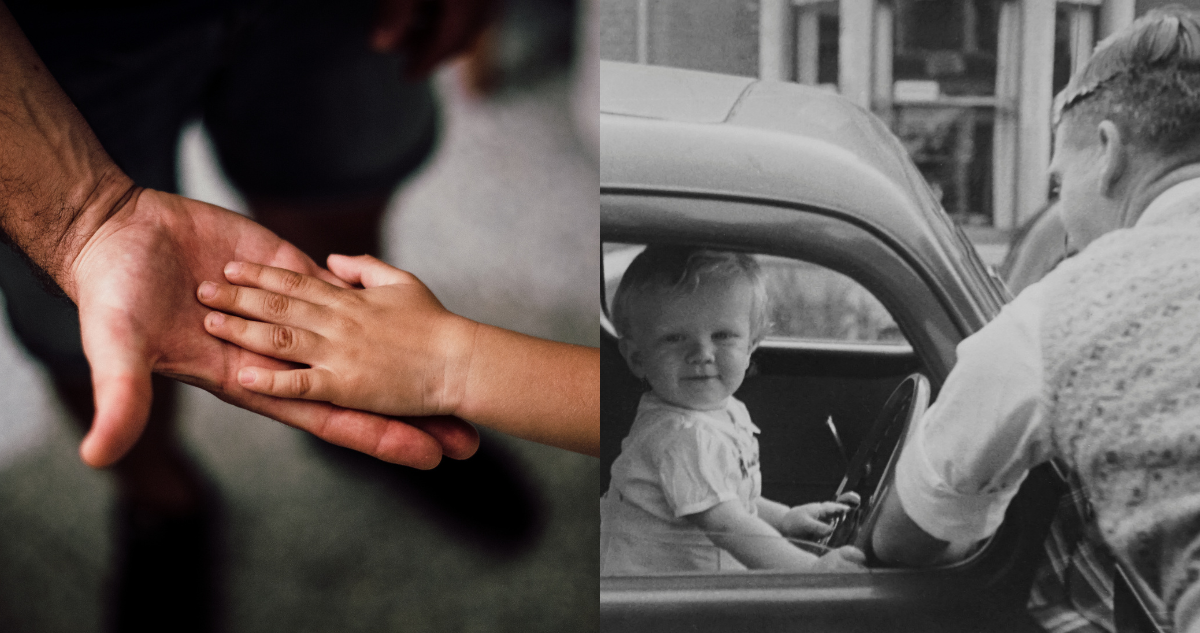 Padre sosteniendo la mano de su hijo (izquierda) y un padre junto a su hijo en un auto (derecha) ambas en referencia al síndrome de West