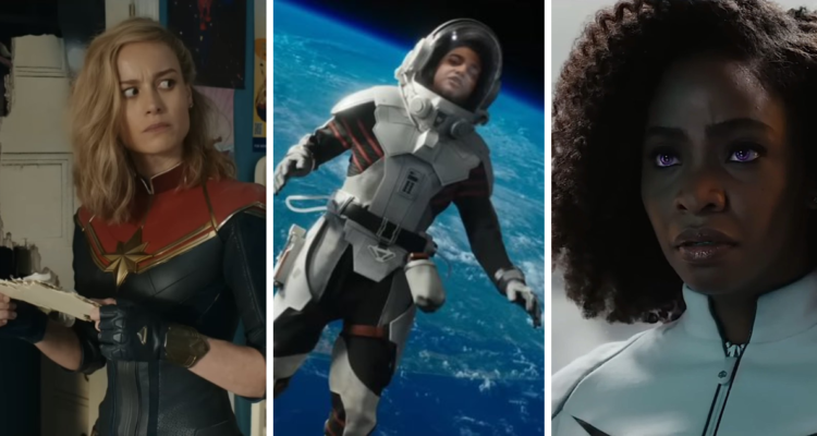 Brie Larson como Capitana Marvel (izquierda), Iman Vellani como Ms. Marvel (centro) y Teyonah Parris como la capitana Monica Rambeau (derecha) en la película The Marvels