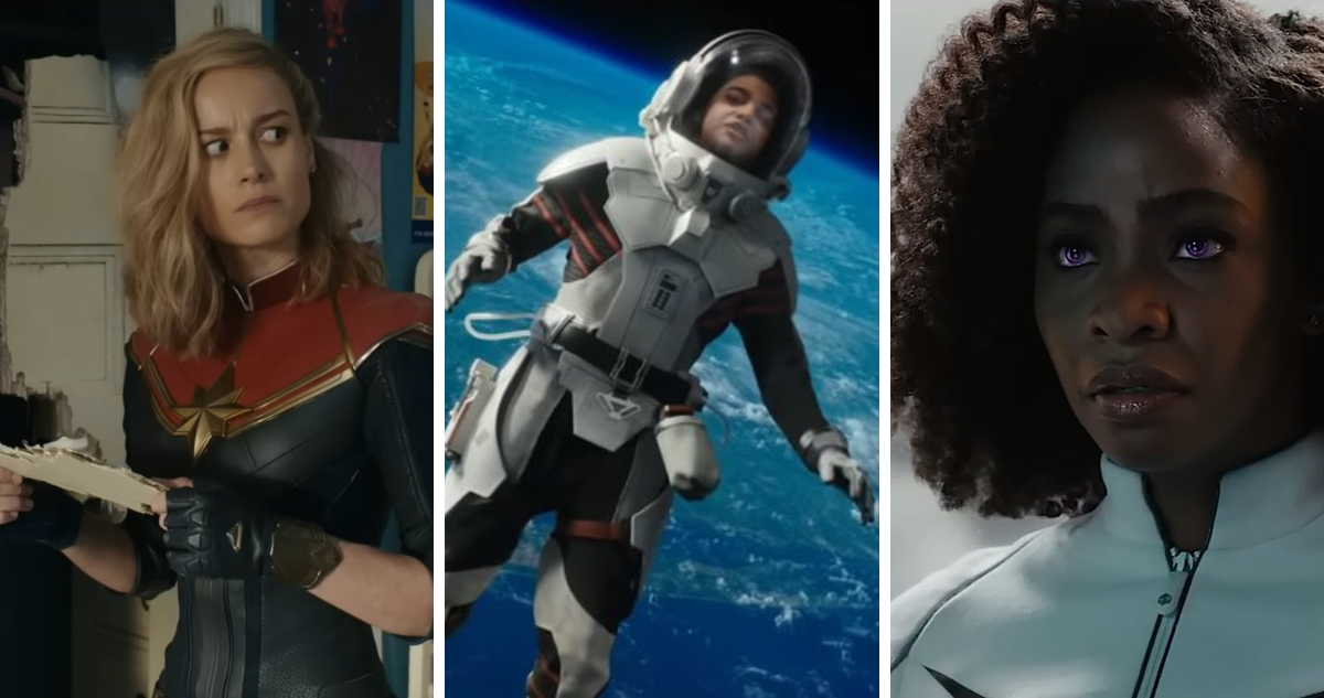Brie Larson como Capitana Marvel (izquierda), Iman Vellani como Ms. Marvel (centro) y Teyonah Parris como la capitana Monica Rambeau (derecha) en la película The Marvels