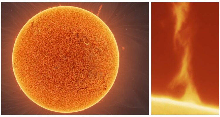 Una fotografía y una captura del video del tornado sobre la superficie del sol.
