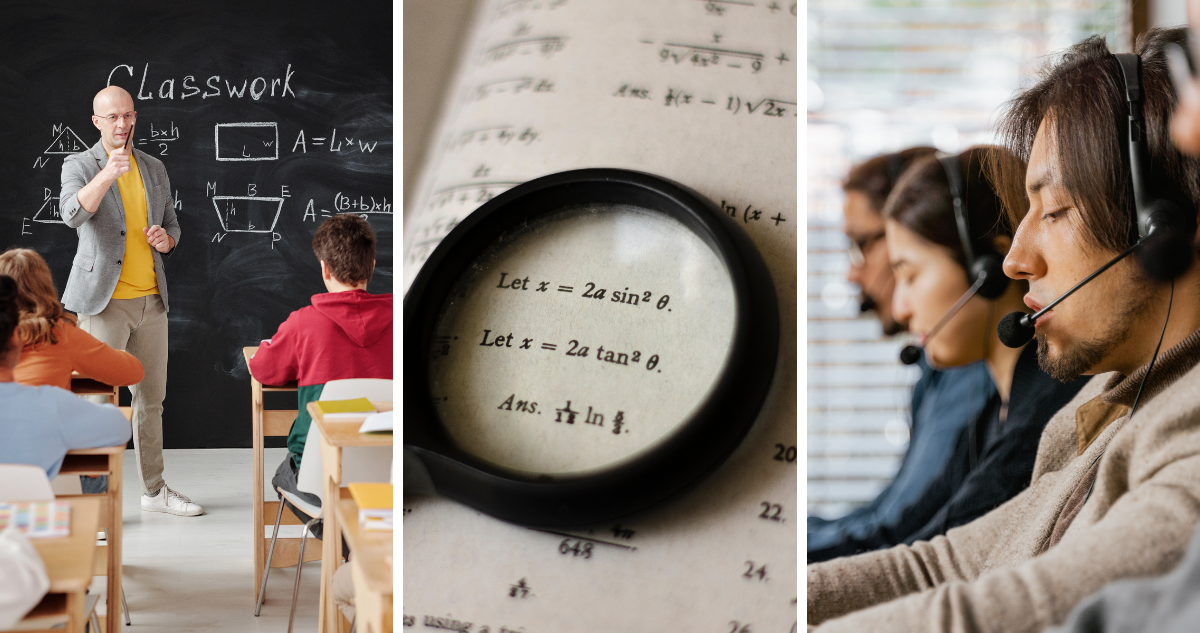 Profesor (izquierda), libro de matemáticas (centro) y asistentes de call center (derecha) en referencia a los trabajos que se verán afectados por la IA