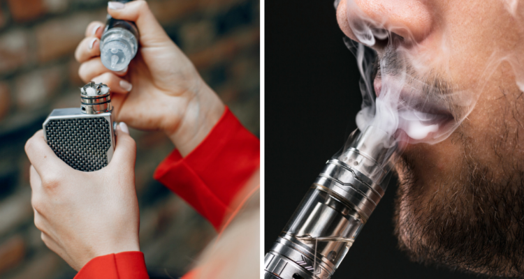 Persona rellenando vaper con saborizante de menta (izquierda) y hombre usando un vapeador (derecha)