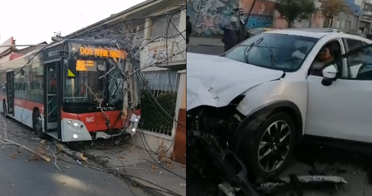 Bus RED arrasa con poste tras colisión con vehículo en Santiago