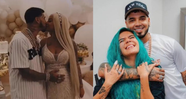 Anuel AA junto a Yailin. A su lado, una foto del artista con Karol G.