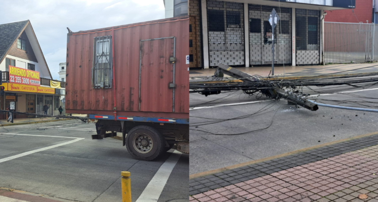 Camión arrasó con cables y derribó un poste en pleno centro de Osorno