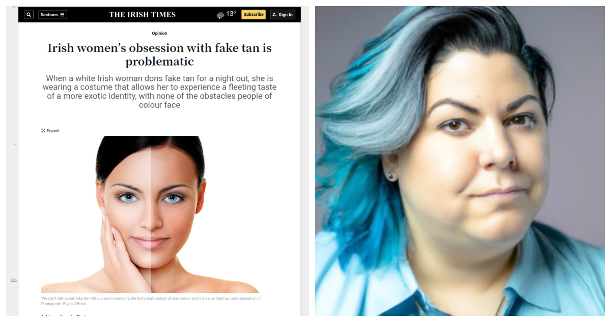 Un pantallazo del artículo creado con ChatGPT publicado en el periódico, y otro de la falsa autora creada con Dall-E.