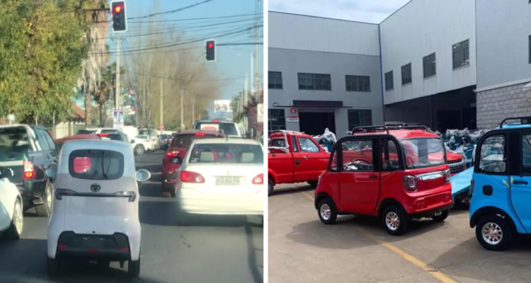 Auto eléctrico en las calles de Curicó (izquierda) y el mismo modelo en la empresa fabricante (derecha)